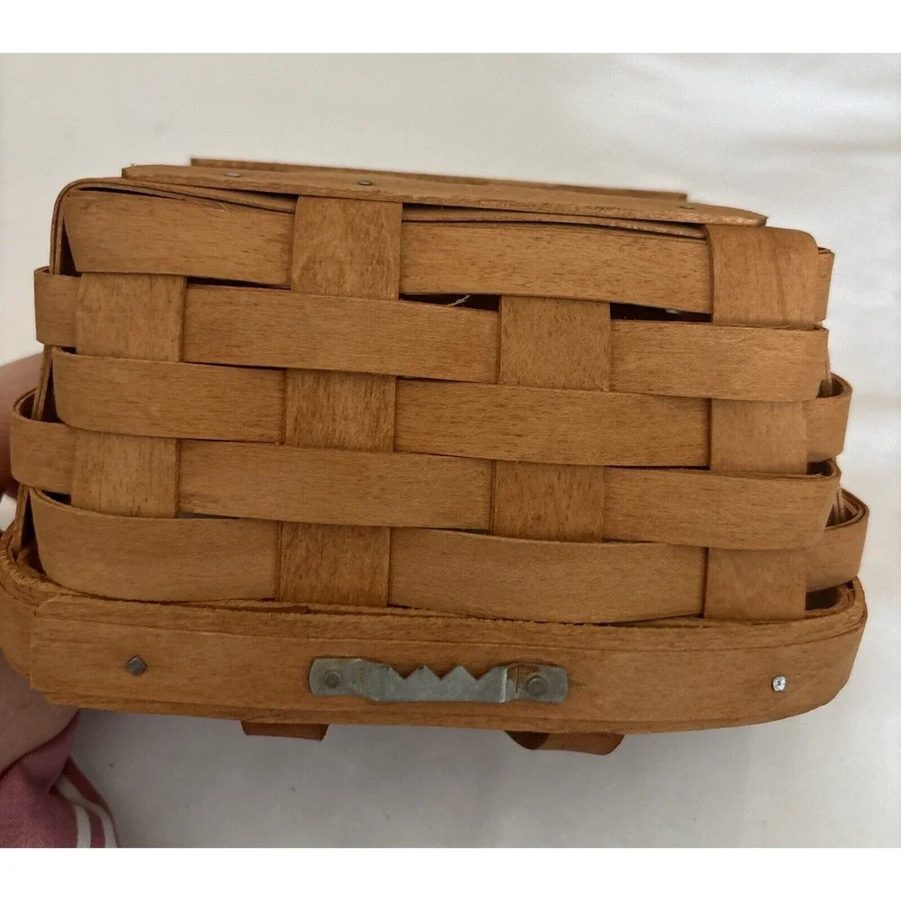 Longaberger Brown Wooden‎ Handwoven Leather Strap Hanging Basket 1995 Signed